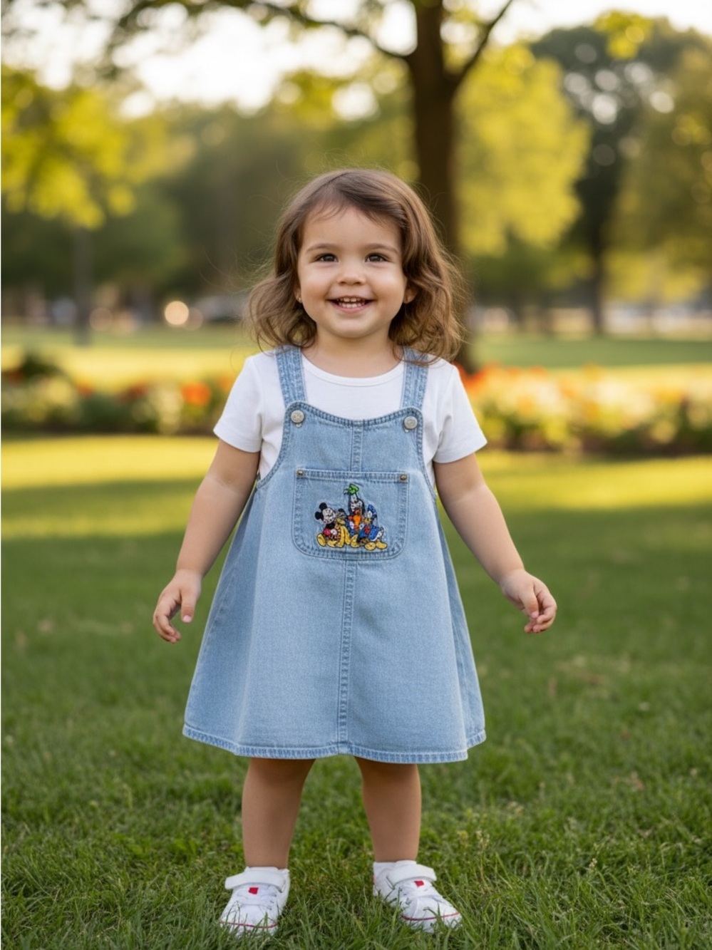 Vintage Walt Disney World Denim Pinafore Jumper Dress Mickey Embroidered 24M